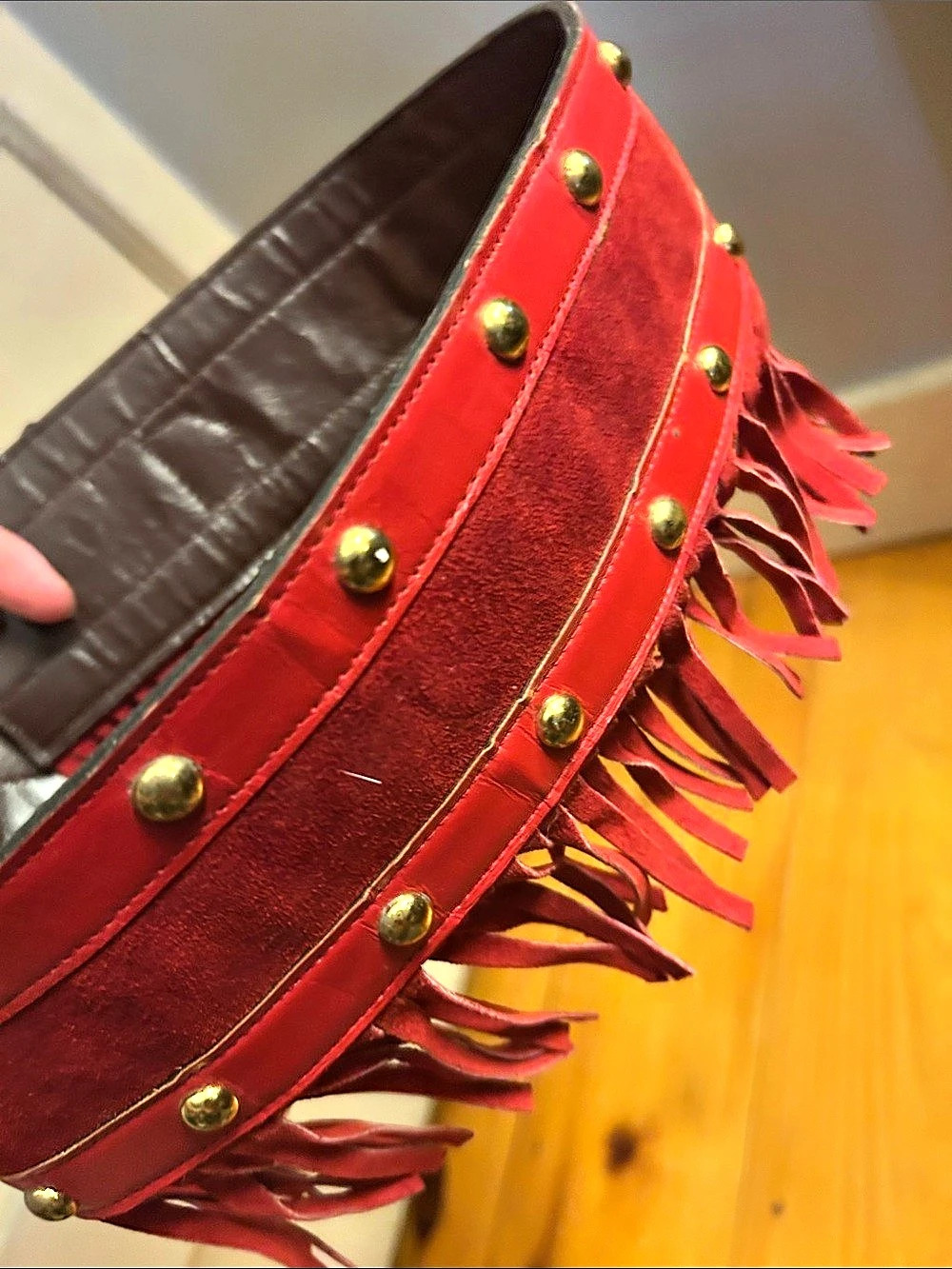 Maison Laurent Fringe Studded Belt Red & Brown Small
